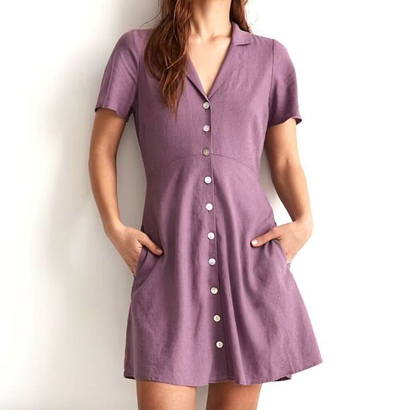 Madewell Purple Linen Short Sleeve A Line Button Front Dress Size 0 Collar Retro - Picture 1 of 11